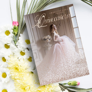 Invitación Con Relieve Metalizado Purpurina Oro Rosa Tendencia XV Español Foto