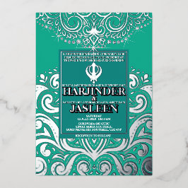 Invitación Con Relieve Metalizado Purpurina Peacock Silver Sikh Anand Karaj Boda