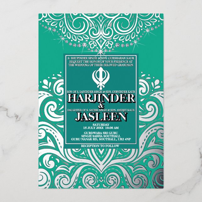 Invitación Con Relieve Metalizado Purpurina Peacock Silver Sikh Anand Karaj Boda (Anverso)