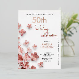 Invitación Con Relieve Metalizado Purpurina Rosa Flores Floral 50 cumpleaños