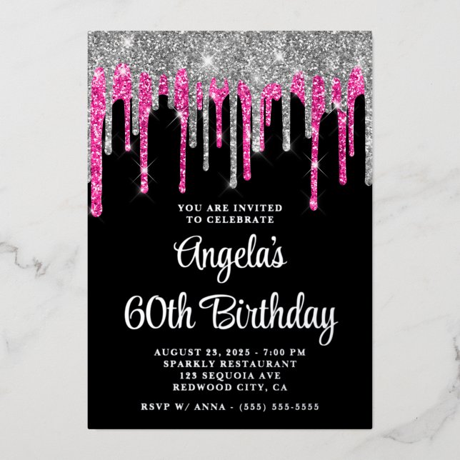 Invitación Con Relieve Metalizado Purpurina rosado profundo de plata negra gotea cum (Anverso)