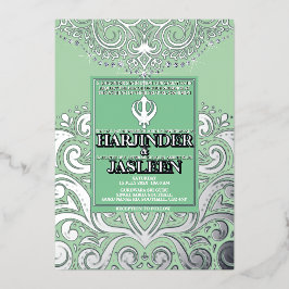 Invitación Con Relieve Metalizado Purpurina Sage Slver Gold Sikh Anand Karaj Boda