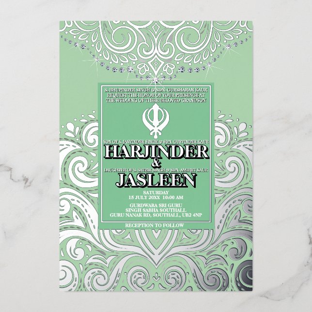 Invitación Con Relieve Metalizado Purpurina Sage Slver Gold Sikh Anand Karaj Boda (Anverso)