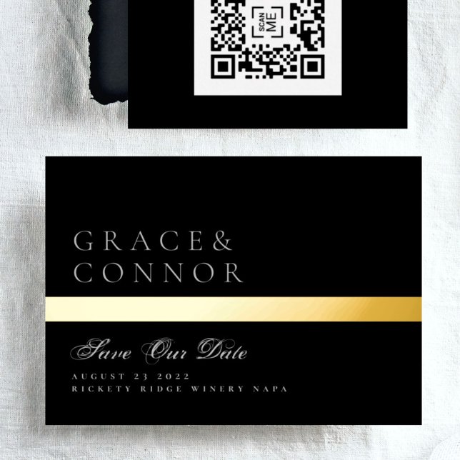Invitación Con Relieve Metalizado QR Code Classic Black Stripe Photo Guardar la fech (Subido por el creador)