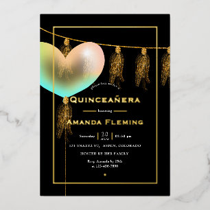 Invitación Con Relieve Metalizado Quinceañera Arcoíris y Dorado y Negro