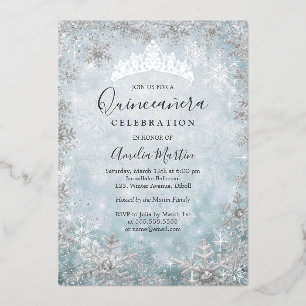 Invitación Con Relieve Metalizado Quinceañera Azul Copo de Nieve de Invierno Plata