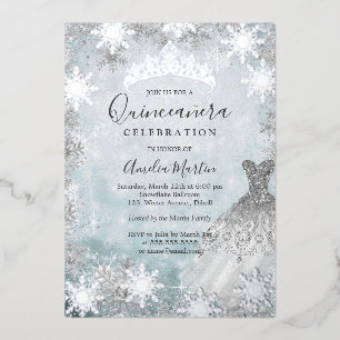 Invitación Con Relieve Metalizado Quinceañera Azul Copo de Nieve de Invierno Platead