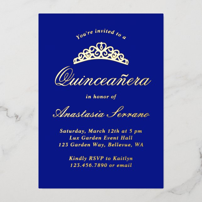 Invitación Con Relieve Metalizado Quinceanera azul real (Anverso)