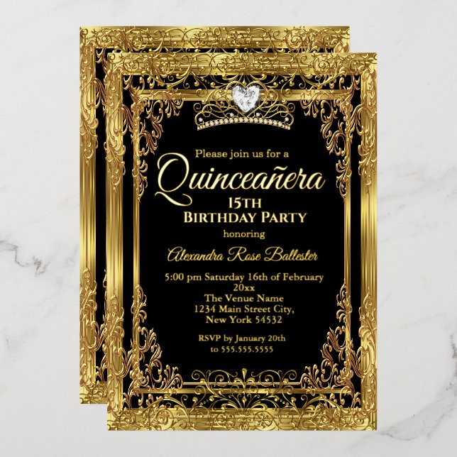 Invitación Con Relieve Metalizado Quinceanera Birthday Gold Black Photo (Anverso/Reverso)