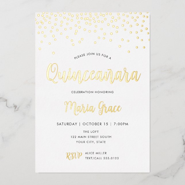 Invitación Con Relieve Metalizado Quinceanera Birthday Gold REAL RELIEVE METALIZADO  (Anverso)
