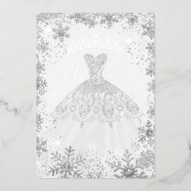 Invitación Con Relieve Metalizado Quinceanera blanca de copo de nieve de plata inver (Anverso)