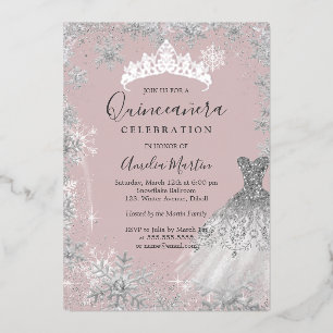 Invitación Con Relieve Metalizado Quinceañera Blush Plata Copo de Nieve Invierno 