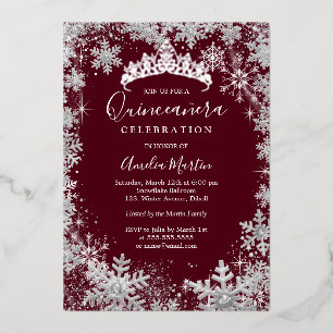Invitación Con Relieve Metalizado Quinceañera Burgundy Plateada Copo de Nieve de Inv