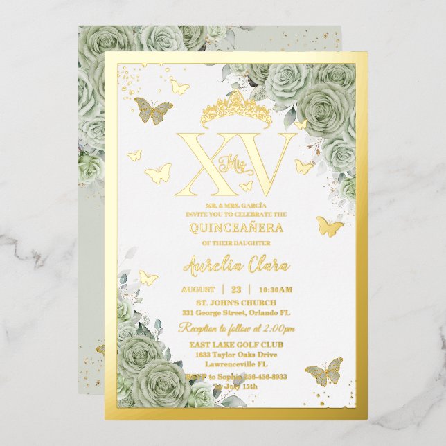 Invitación Con Relieve Metalizado Quinceañera Butterflies XV Gold (Anverso/Reverso)