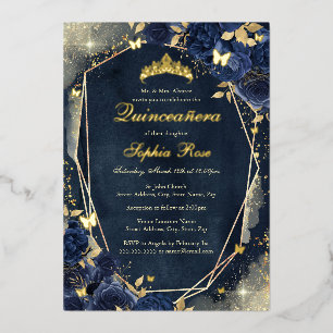 Invitación Con Relieve Metalizado Quinceañera Butterfly Floral Dorado Brillo Azul Ma