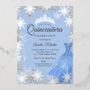 Invitación Con Relieve Metalizado Quinceañera Copo de Nieve Azul Plateado de Inviern