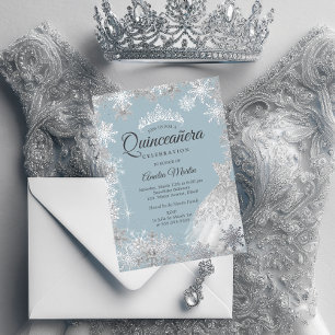 Invitación Con Relieve Metalizado Quinceañera Copo de Nieve Azul Plateado de Inviern