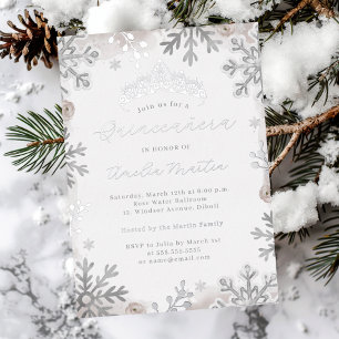 Invitación Con Relieve Metalizado Quinceañera Copo de Nieve Beige Plateado Rubor