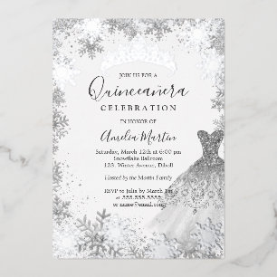 Invitación Con Relieve Metalizado Quinceañera Copo de Nieve de Invierno Plateado