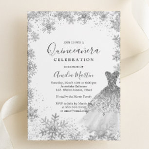 Invitación Con Relieve Metalizado Quinceañera Copo de Nieve de Invierno Plateado