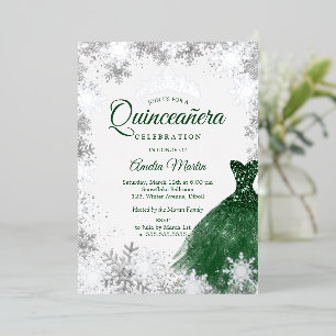 Invitación Con Relieve Metalizado Quinceañera Copo de Nieve Esmeralda Plateada de In