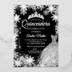 Invitación Con Relieve Metalizado Quinceañera Copo de Nieve Invernal Plata Negro