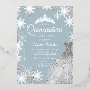 Invitación Con Relieve Metalizado Quinceañera Copo de Nieve Plateado Azul Polvorient