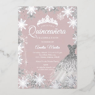 Invitación Con Relieve Metalizado Quinceañera Copo de Nieve Plateado Rosa Polvorient