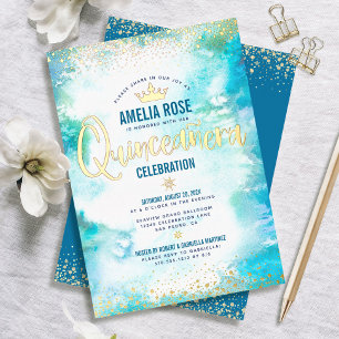 Invitación Con Relieve Metalizado Quinceañera Crown Turquoise Watercolor Real Gold