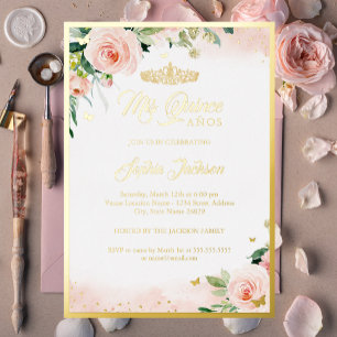 Invitación Con Relieve Metalizado Quinceañera Cumpleaños Floral Rosa Dorado 