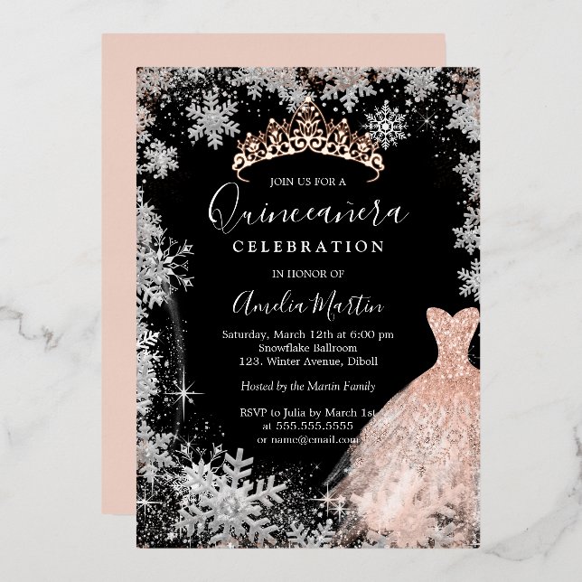 Invitación Con Relieve Metalizado Quinceanera de copo de nieve negro de oro Rosa (Anverso/Reverso)