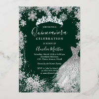 Quinceañera de copos de nieve verde esmeralda de i