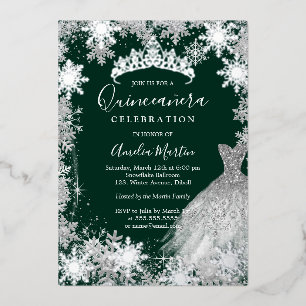 Invitación Con Relieve Metalizado Quinceañera de copos de nieve verde esmeralda de i