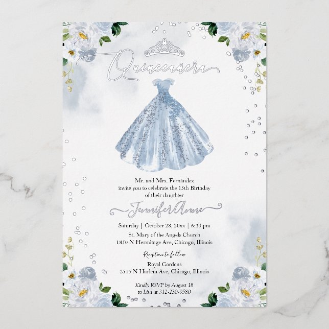 Invitación Con Relieve Metalizado Quinceanera de flor azul turbio (Anverso)