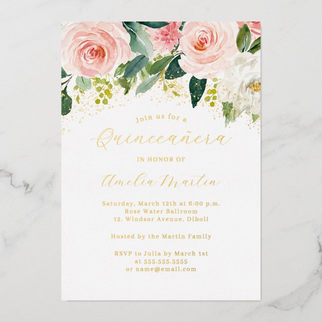 Invitación Con Relieve Metalizado Quinceanera de floral rosa Rubor Gold (Anverso)