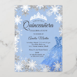 Invitación Con Relieve Metalizado Quinceanera de invierno azul plateado
