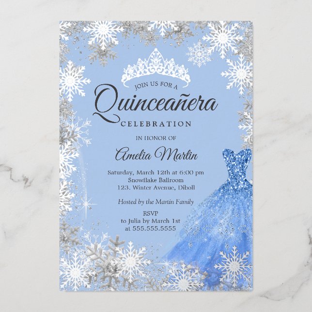 Invitación Con Relieve Metalizado Quinceanera de invierno azul plateado (Anverso)
