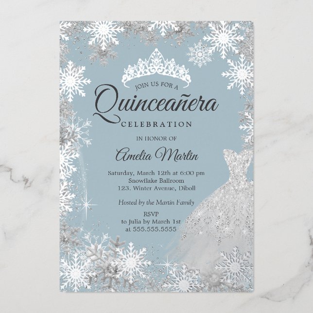 Invitación Con Relieve Metalizado Quinceanera de invierno azul plateado (Anverso)