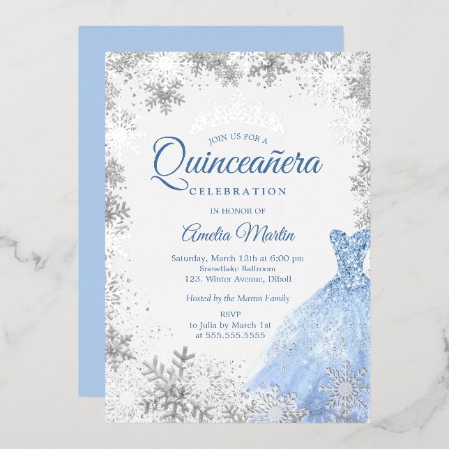 Invitación Con Relieve Metalizado Quinceanera de invierno azul plateado (Anverso/Reverso)