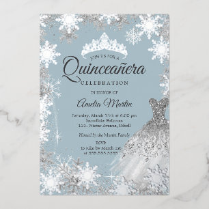 Invitación Con Relieve Metalizado Quinceanera de invierno azul turquesa