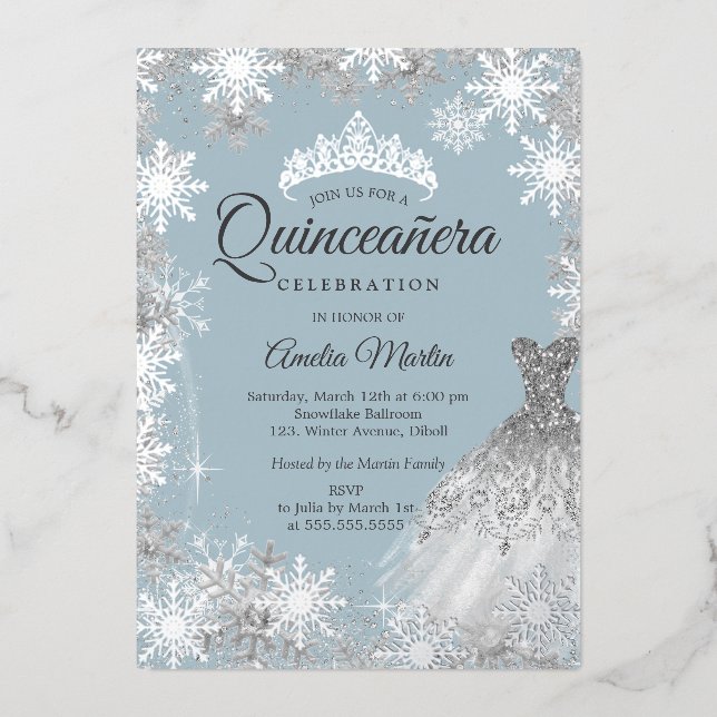 Invitación Con Relieve Metalizado Quinceanera de invierno azul turquesa (Anverso)