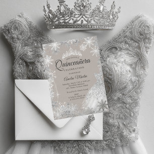Invitación Con Relieve Metalizado Quinceanera de invierno beige plateado
