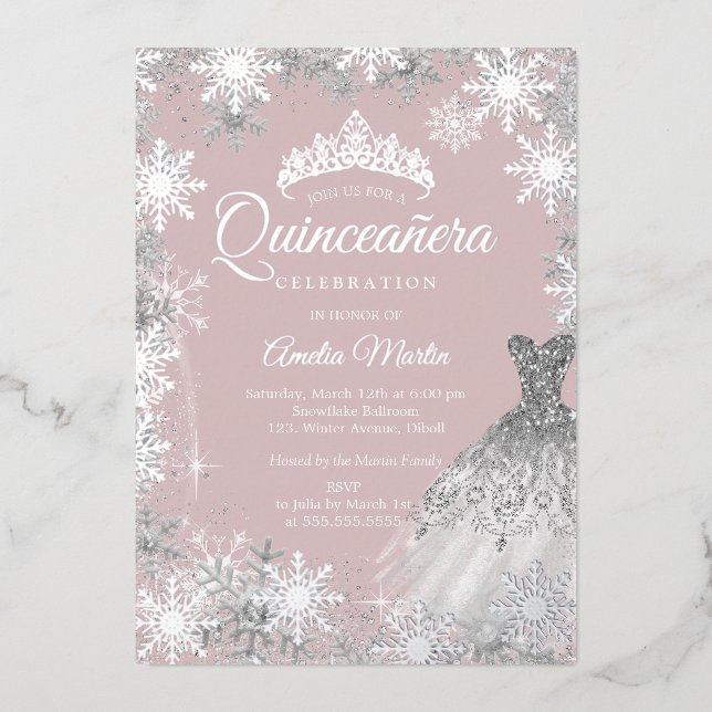 Invitación Con Relieve Metalizado Quinceanera de invierno con copo de nieve de plata (Anverso)