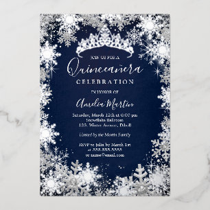Invitación Con Relieve Metalizado Quinceanera de invierno de plata marina