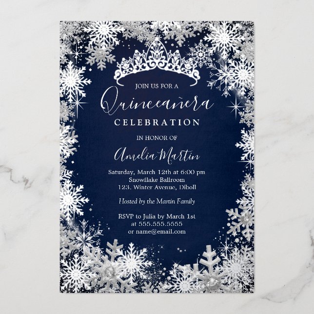 Invitación Con Relieve Metalizado Quinceanera de invierno de plata marina (Anverso)