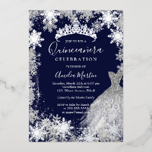 Invitación Con Relieve Metalizado Quinceañera de invierno Navy Snowflake 