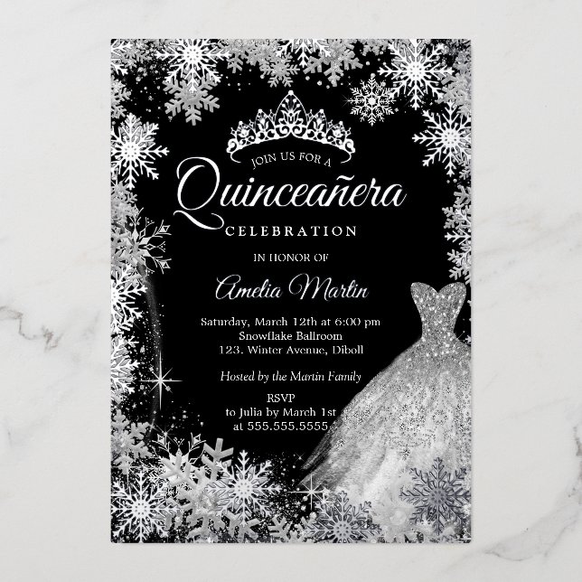 Invitación Con Relieve Metalizado Quinceanera de invierno negro plateado (Anverso)