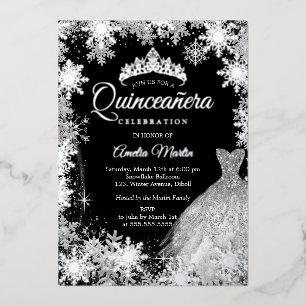 Invitación Con Relieve Metalizado Quinceanera de invierno negro plateado
