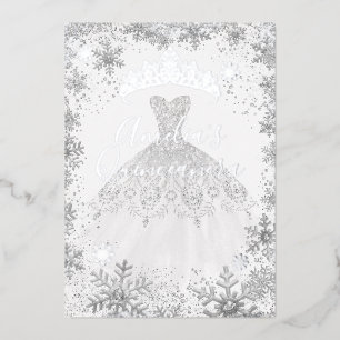 Invitación Con Relieve Metalizado Quinceañera de invierno plateada copo de nieve bla