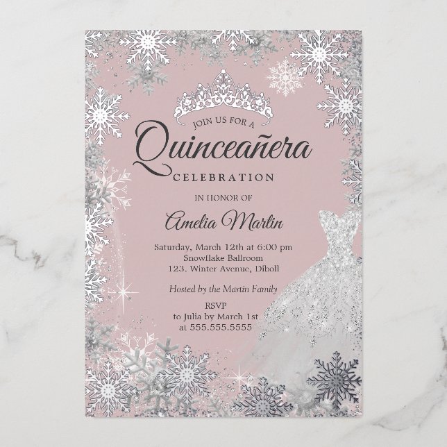 Invitación Con Relieve Metalizado Quinceanera de invierno rosado plateado (Anverso)